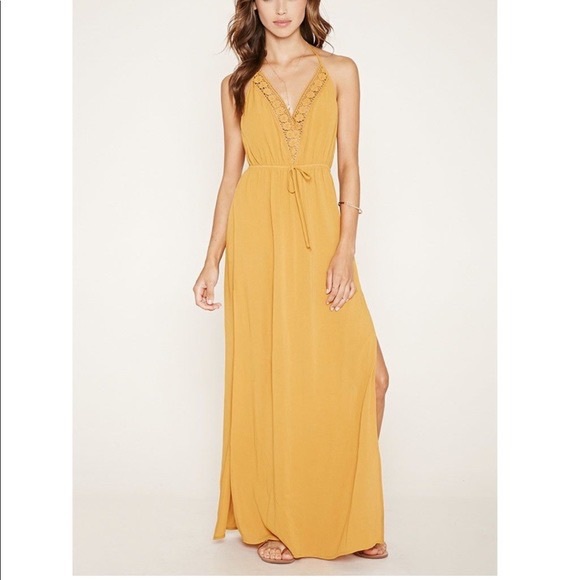 Forever 21 Dresses & Skirts - 🌻 NWT! Forever21 Mustard Yellow Halter Backless Long Maxi Dress Lace Boho Hippy